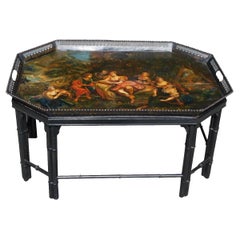 Italian Tole Figural Landscape Gallery Tray on Faux Bamboo Stand, Circa 1815