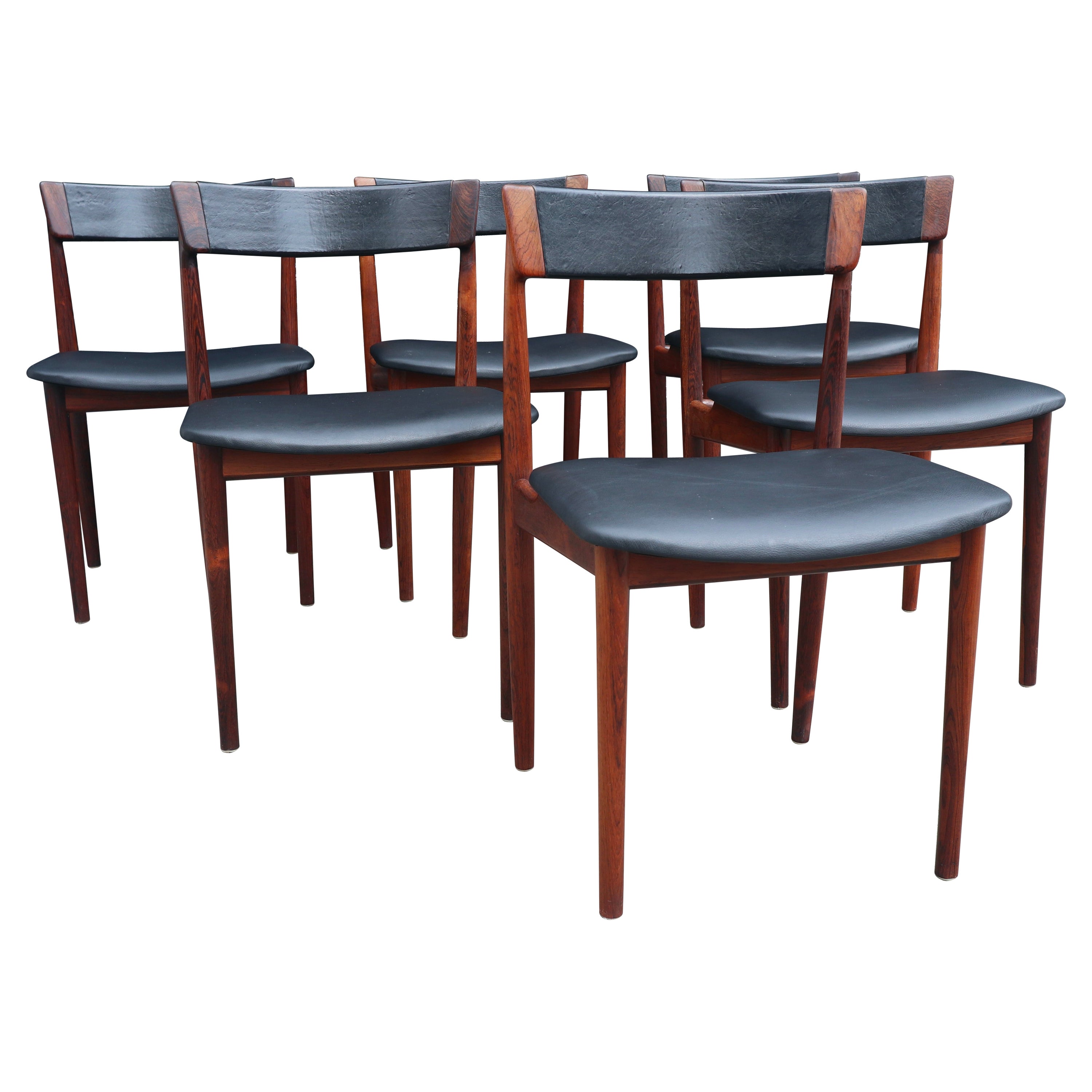 Six chaises de salle à manger Henry Rosengren Hansen en bois de rose et cuir des années 1960, modèle 39 