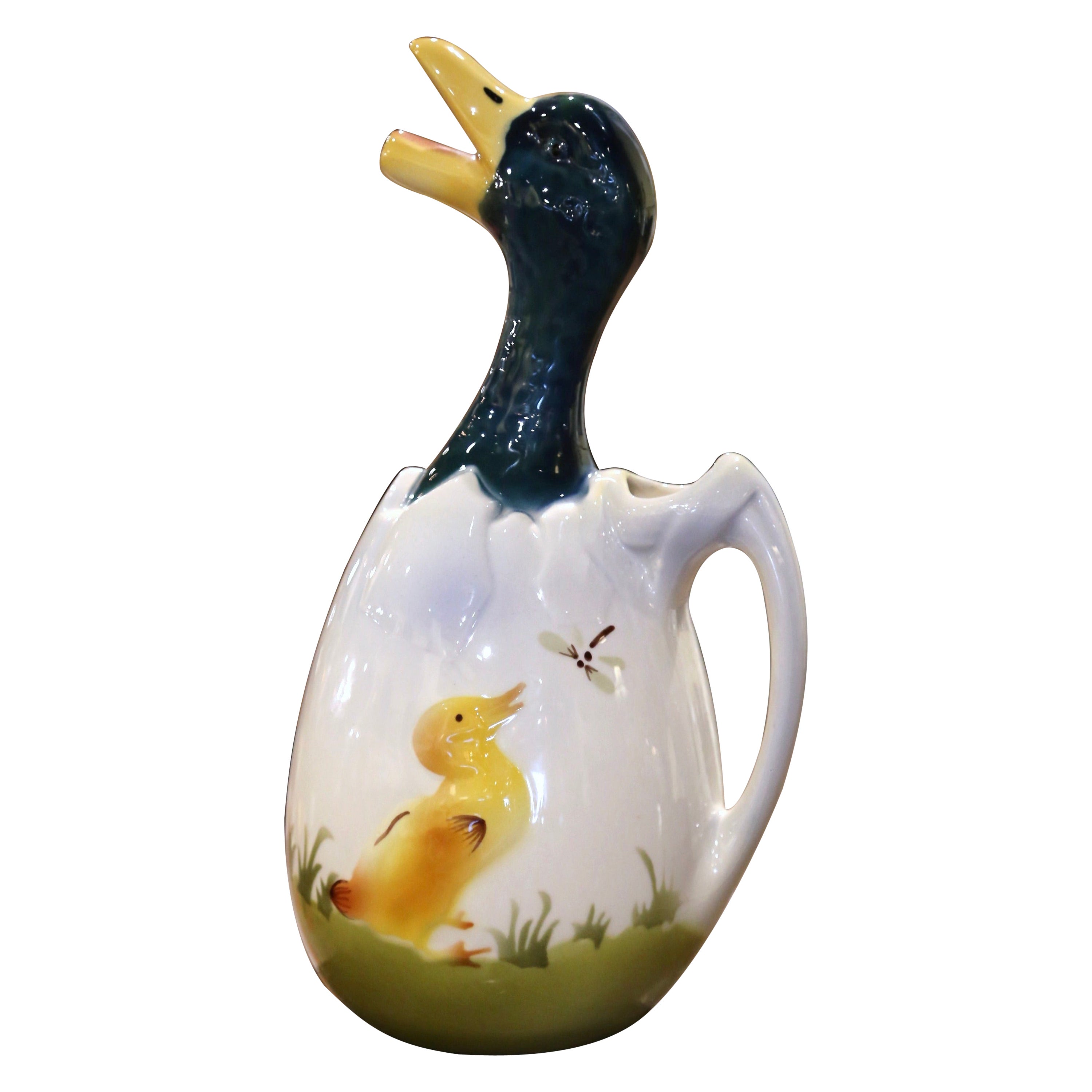 19th Century French Saint Clement Barbotine Faience Olive Oil Duck Pitcher For Sale