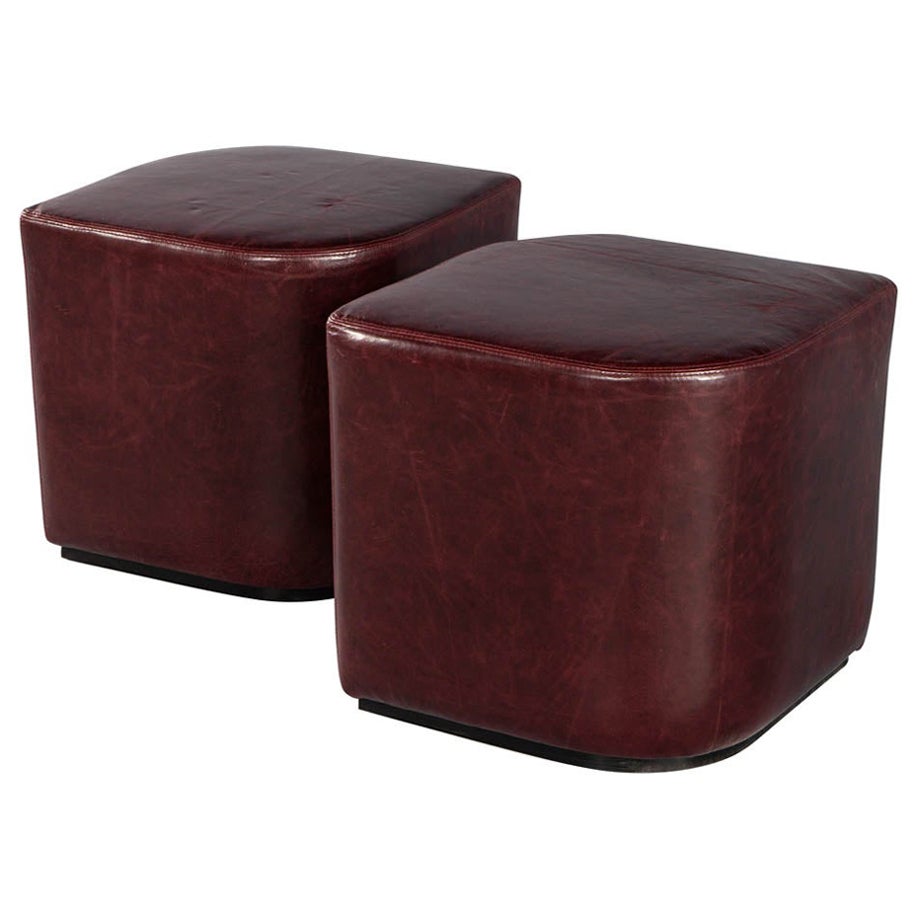 Modern Geometric Ottomans in Distressed Burgundy Leather For Sale