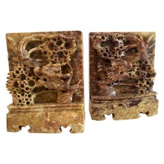 Pair of Hand Carved Soapstone Bookends with Asian Chinese Dragon Motif, Ca 1950