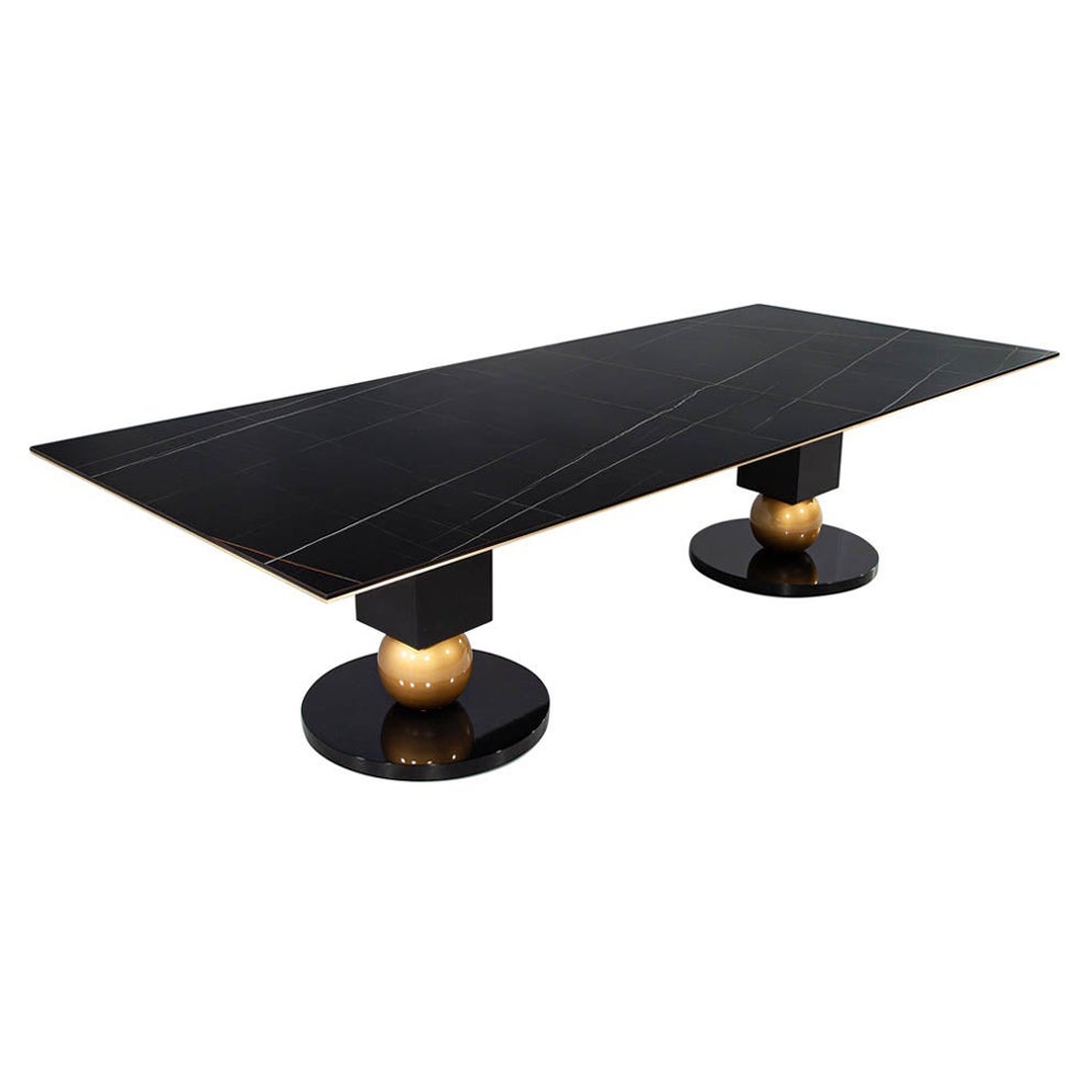 Modern Porcelain Dining Table with Brass Accents For Sale