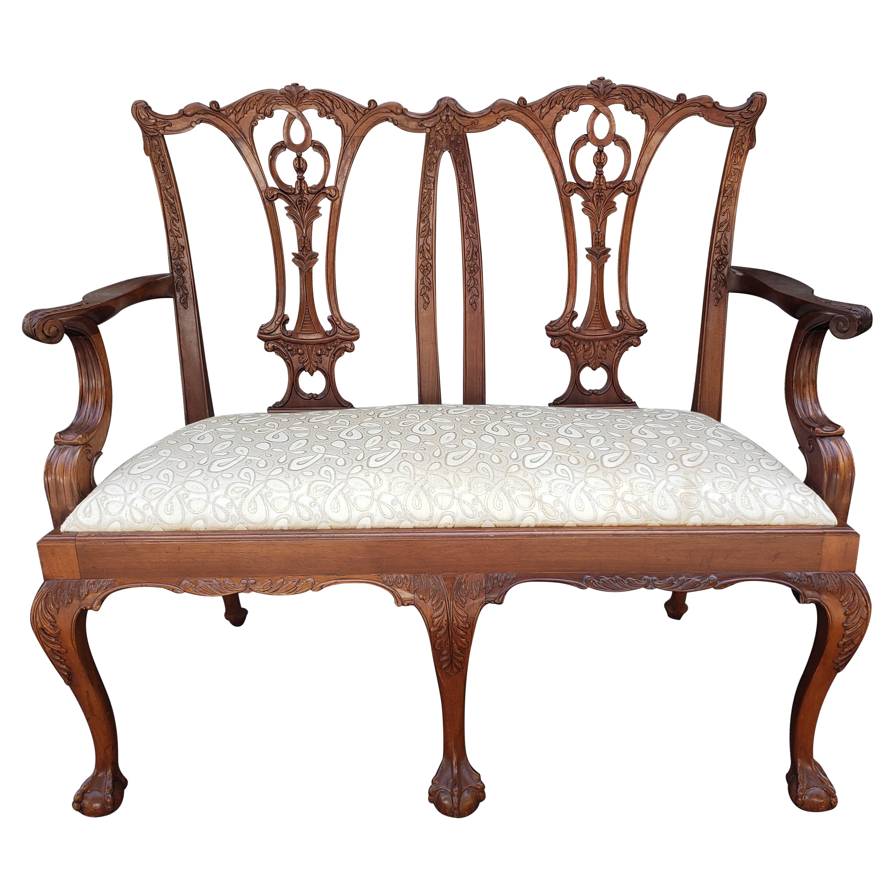 1970s Georgian Furnishing Chippendale Hand Carved Mahogany Upholstered Settee For Sale