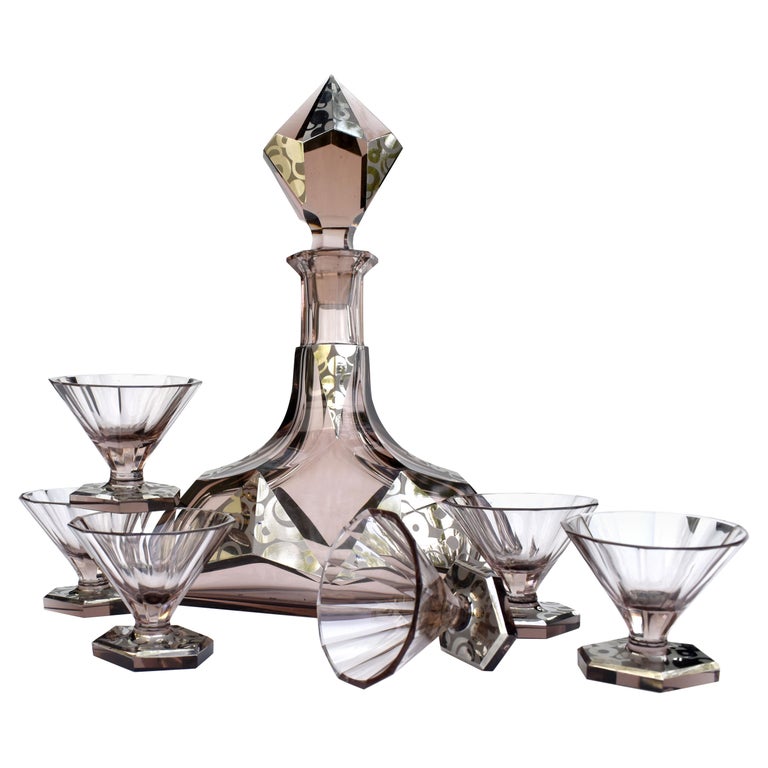 Art Deco Karl Palda Glass Decanter Set with 6 Matching Glasses, C1930