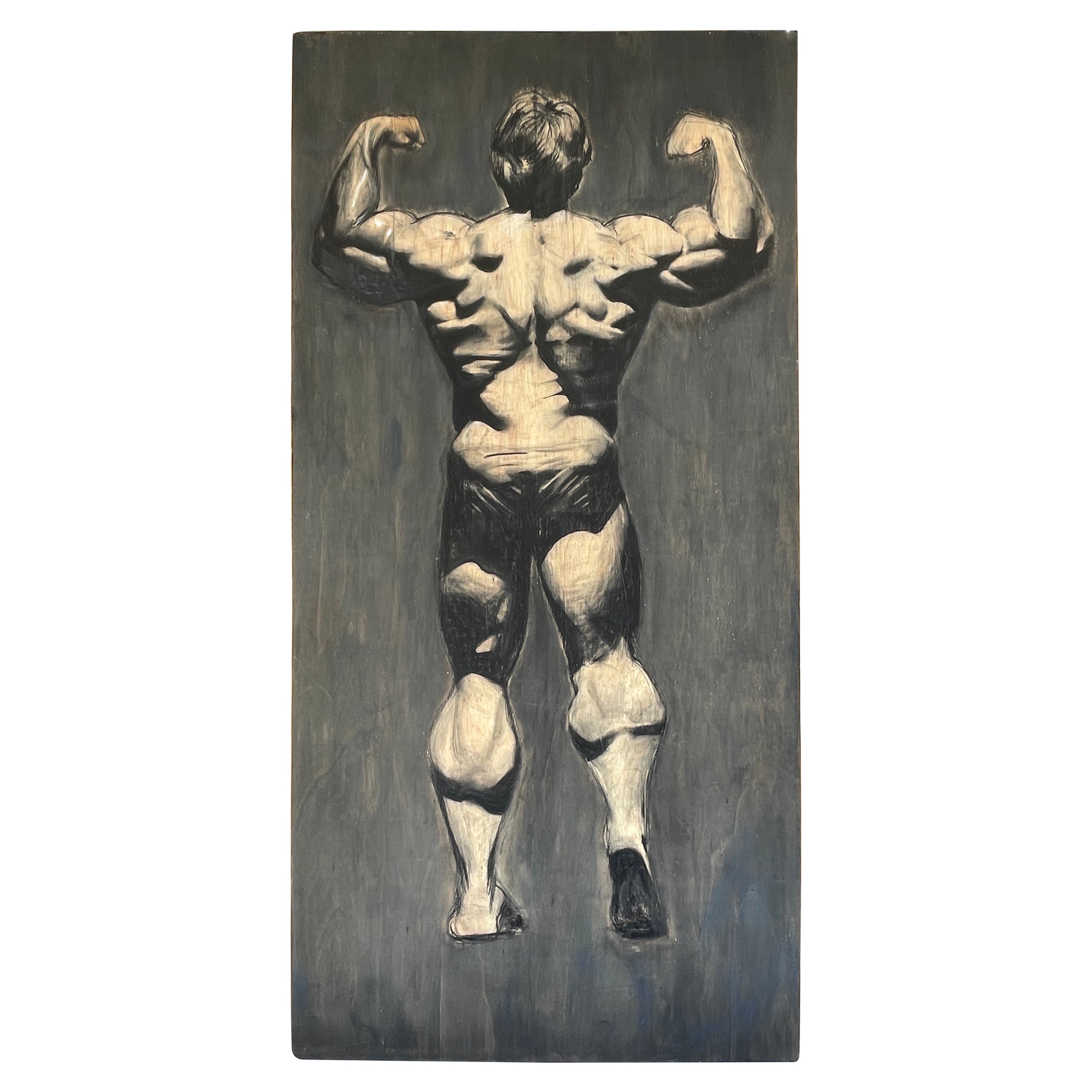 Massive Black & White Painting of Arnold Schwarzenegger's 'Back Double Biceps' For Sale