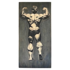 Vintage Massive Black & White Painting of Arnold Schwarzenegger's 'Back Double Biceps'