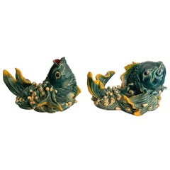 Mid-Century Chinese Export Style Majolica Terracotta Table Fish Figurines - S/2
