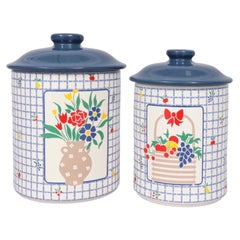 Used Blue & White Ceramic Kitchen Canisters, Set of 2