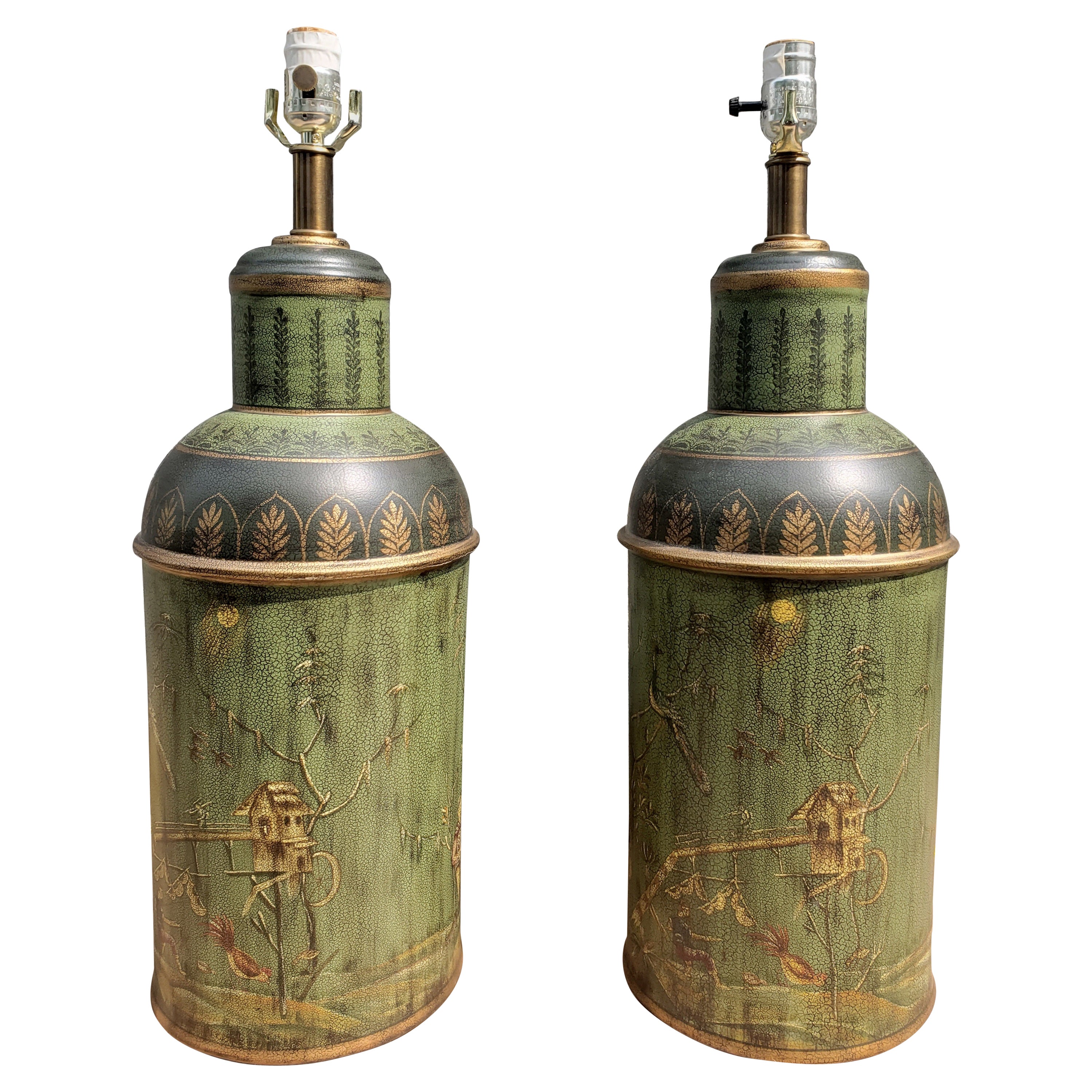 Pair of Asian Ornate Tooled Leather Over Tole Tea Canisters Mounted as Lamps