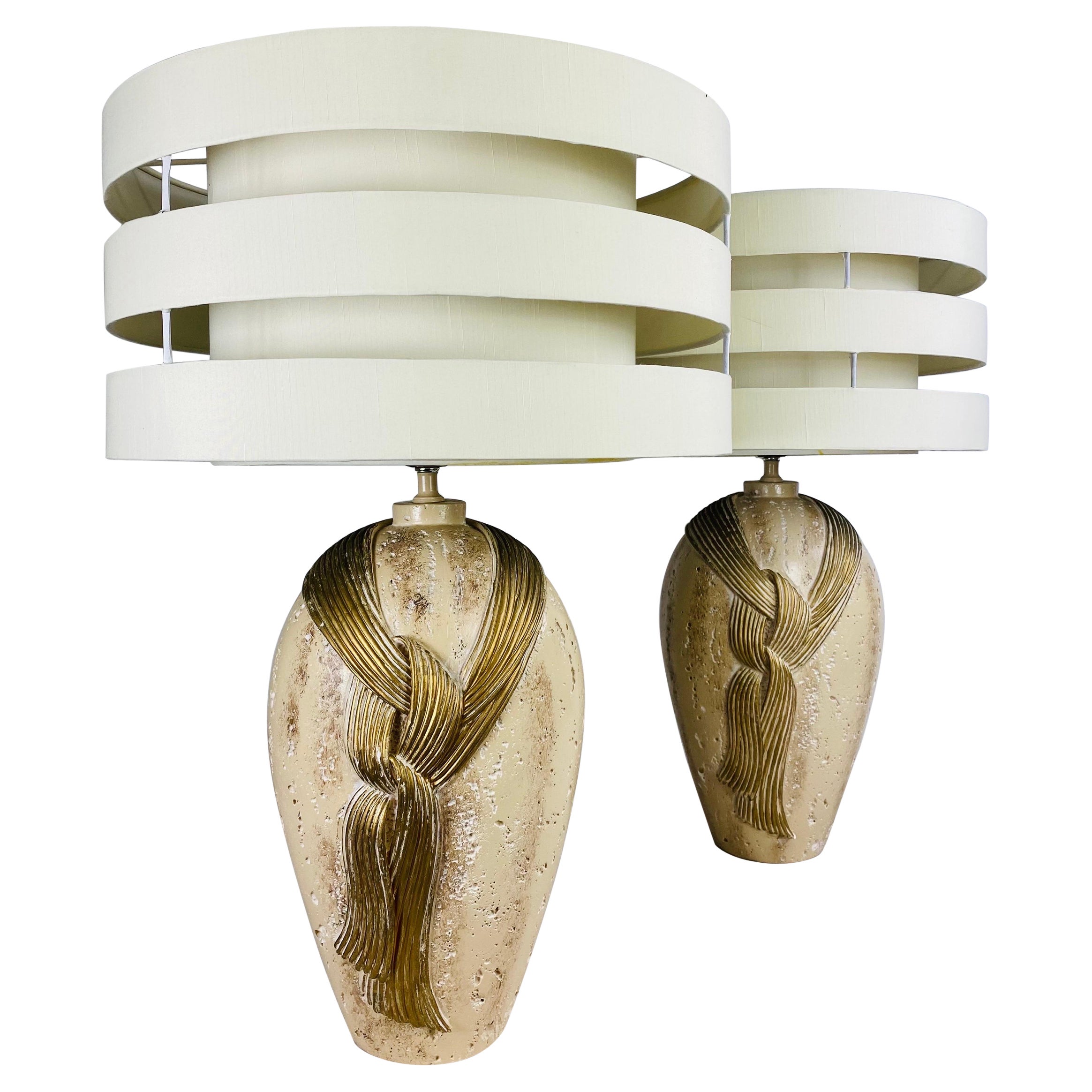 Mid-20th Century Art Deco Inspired Plaster Table Lamps with Custom Shades For Sale