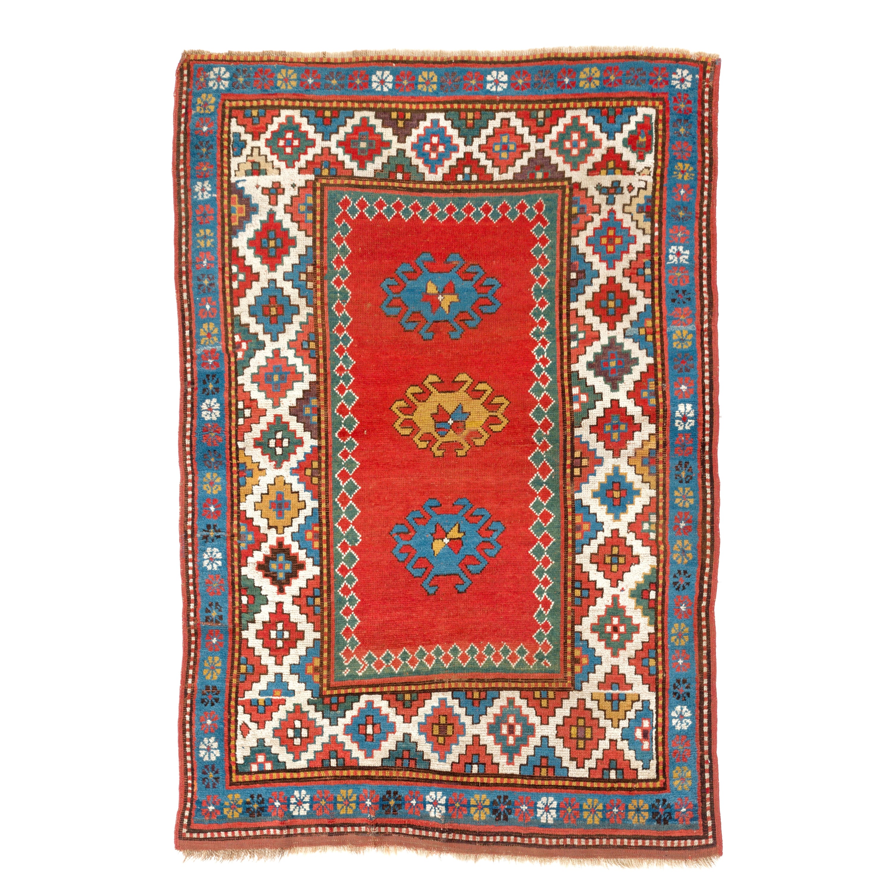 4x5.8 m antiker kaukasischer Bordjalou-Kaukasischer Teppich, ca. 1880, natürliche Farbstoffe.