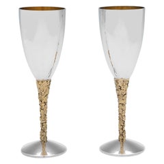 Vintage Stuart Devlin - Modernist Design Sterling Silver & Gilt Champagne Flutes - 1977