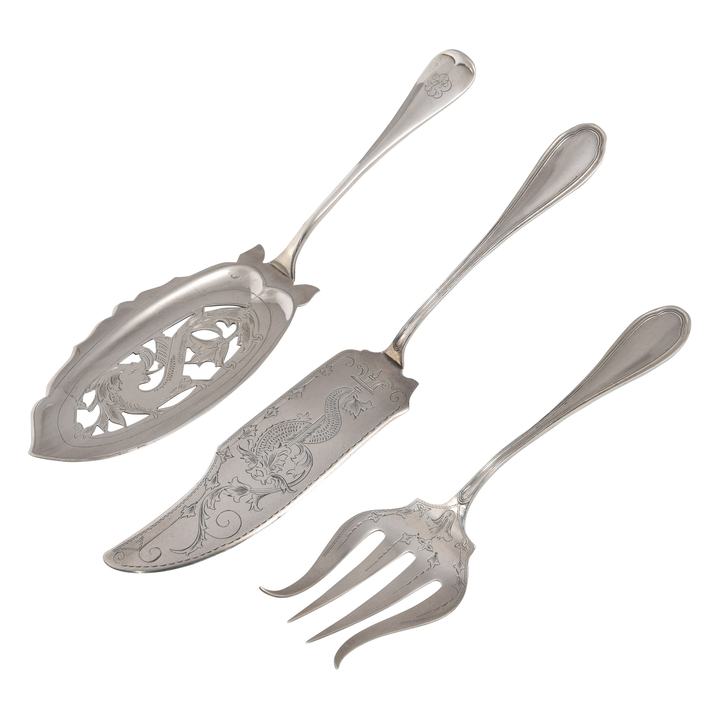 Set of Three Serving Cutlery. Silver, Espunes, Matilde, Spain, 20th Century For Sale