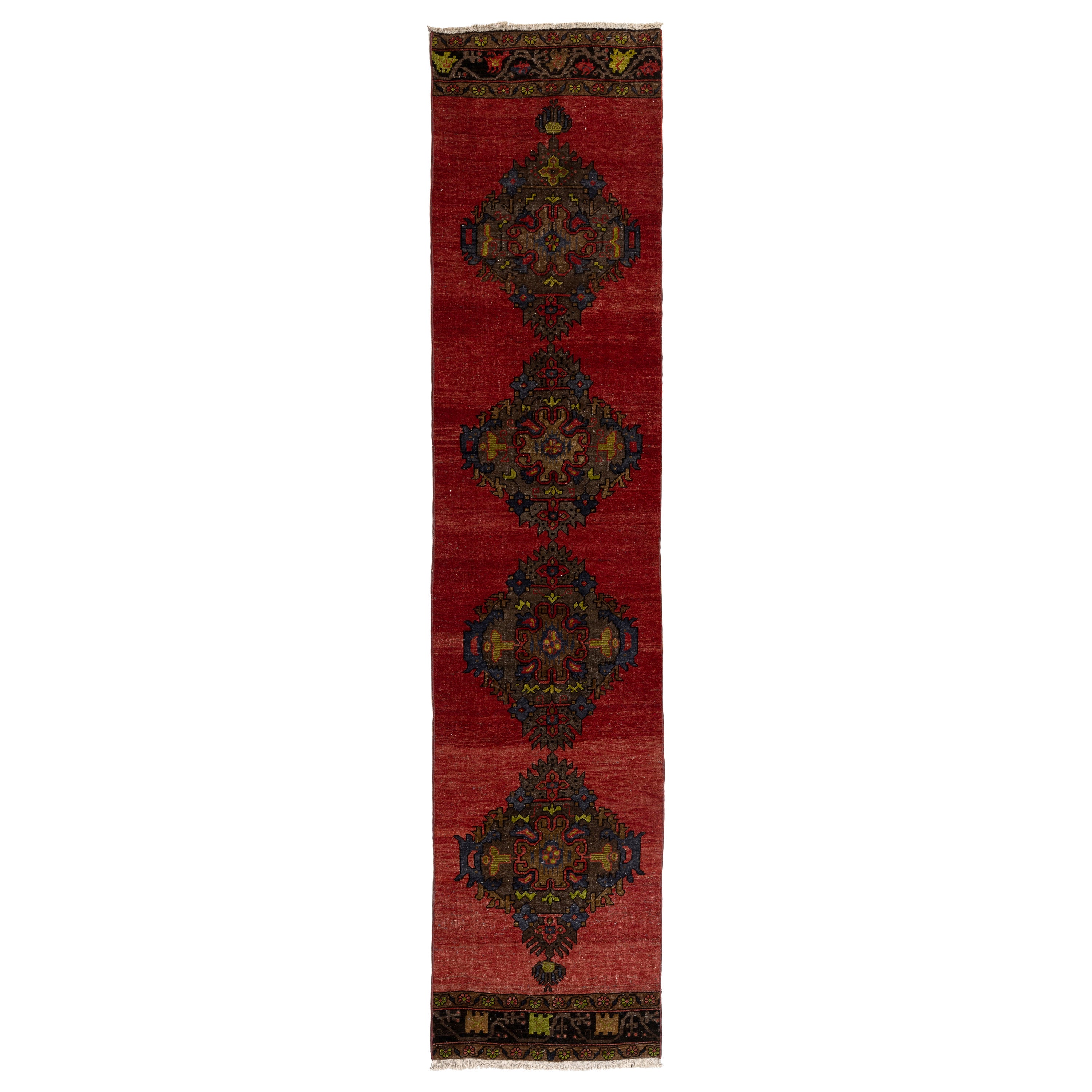 2.5x11.3 ft Hand Knotted Vintage Anatolian Tribal Wool Runner Rug for Hallway For Sale