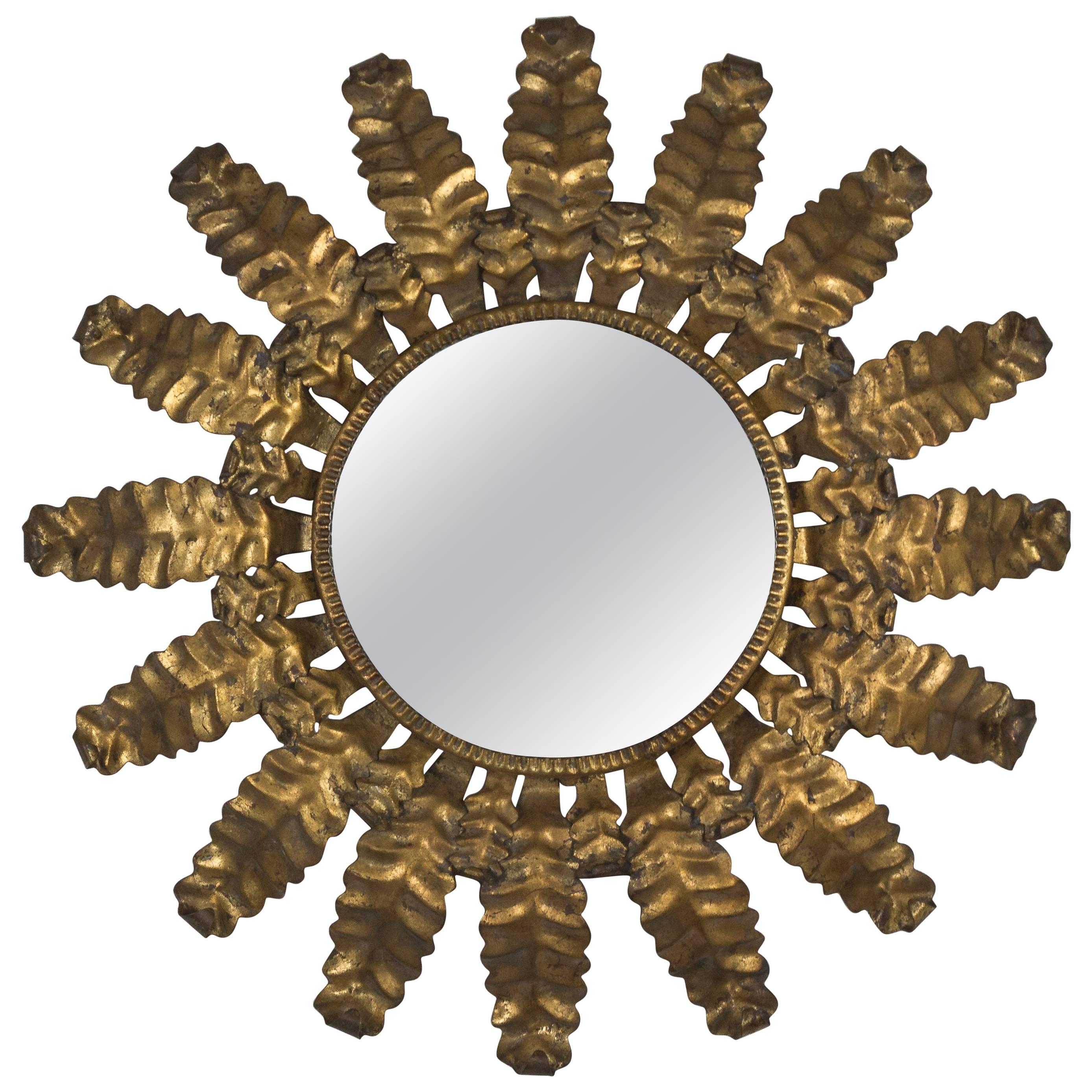 Unusual Round Gilt Metal Sunburst Mirror