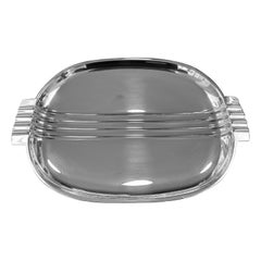 Vintage English 1930s Art Deco Silver Plated Serving Tray or Dish with Grooved Handles