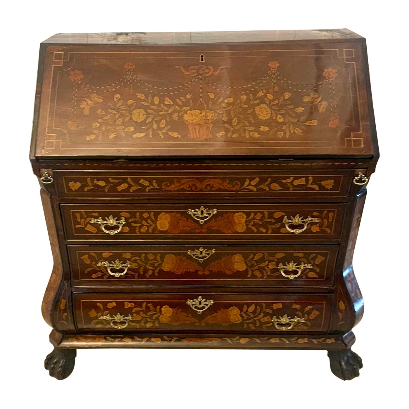 Antique Quality Mahogany Floral Marquetry Inlaid Bombe Shaped Burea For Sale