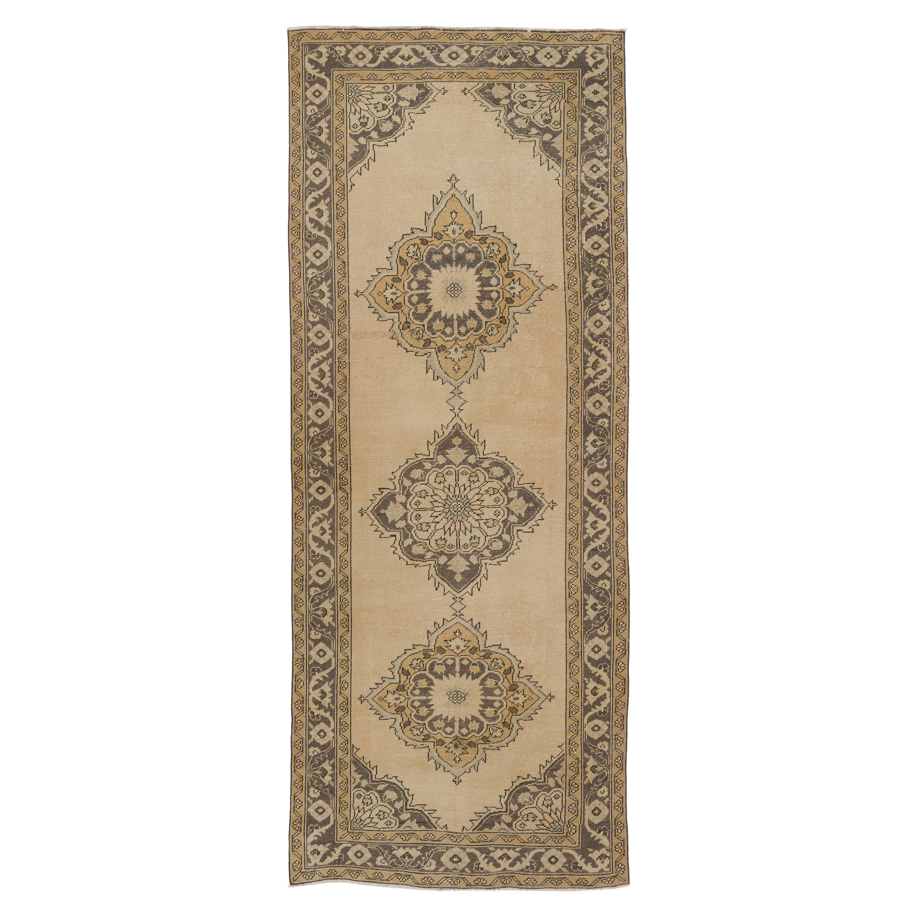 4.4x11 ft Tri-Medallion Vintage Turkish Oushak Runner Rug for Hallway Decor For Sale