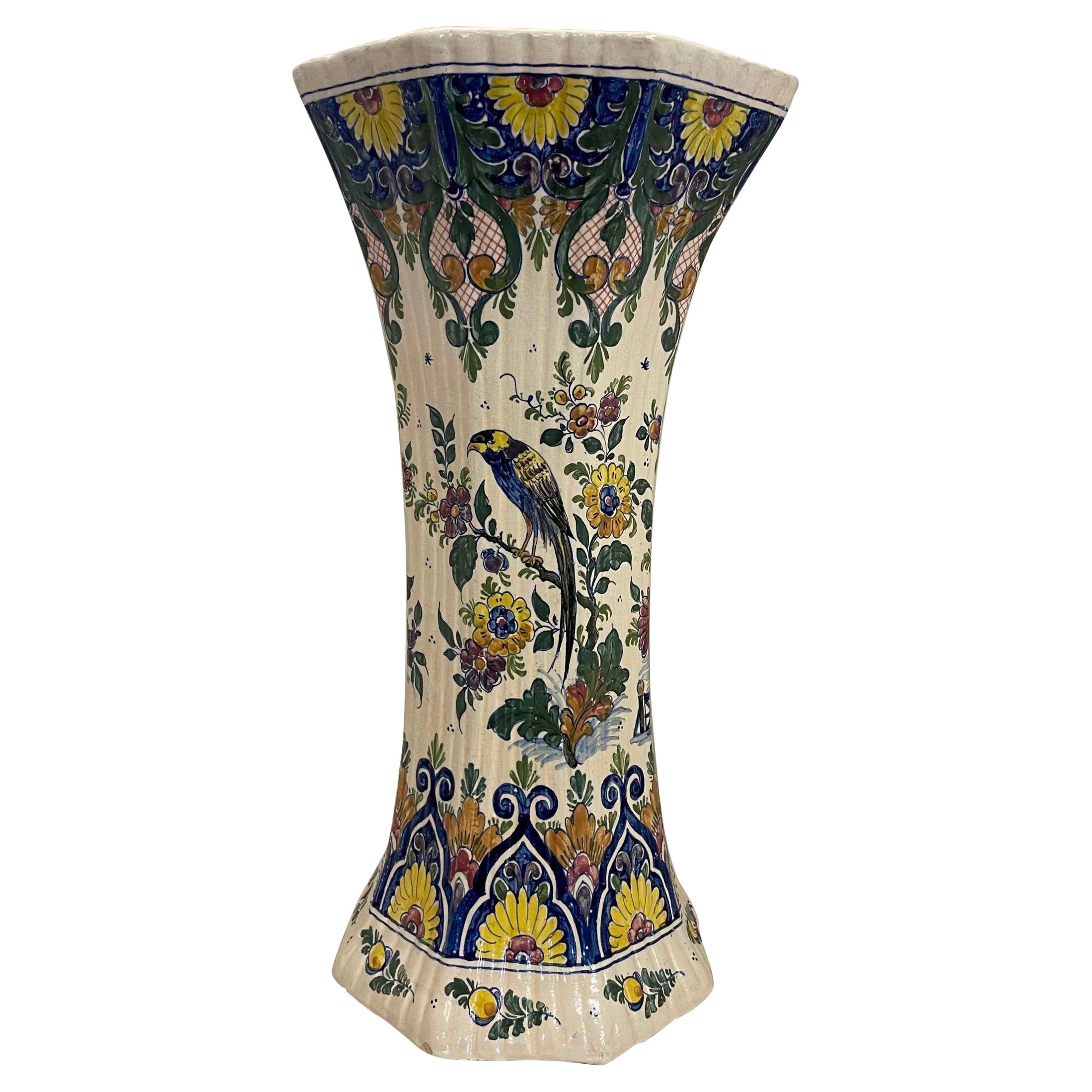 Beautiful Large Scale Reeded Column Hand Painted Early 20th c Delft Vase For Sale