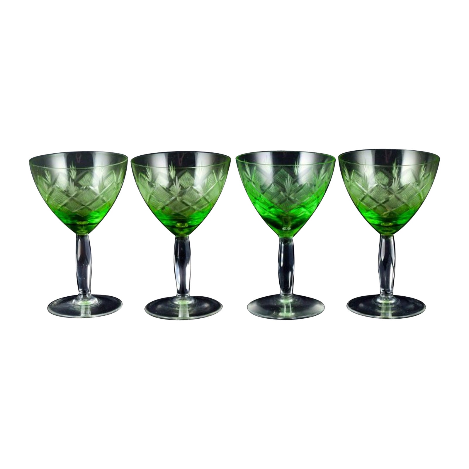 "Wien Antik", Lyngby Glas, Denmark, Four Green White Wine Glasses. 1930/40s For Sale