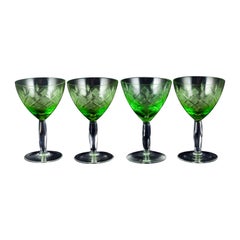 Vintage "Wien Antik", Lyngby Glas, Denmark, Four Green White Wine Glasses. 1930/40s