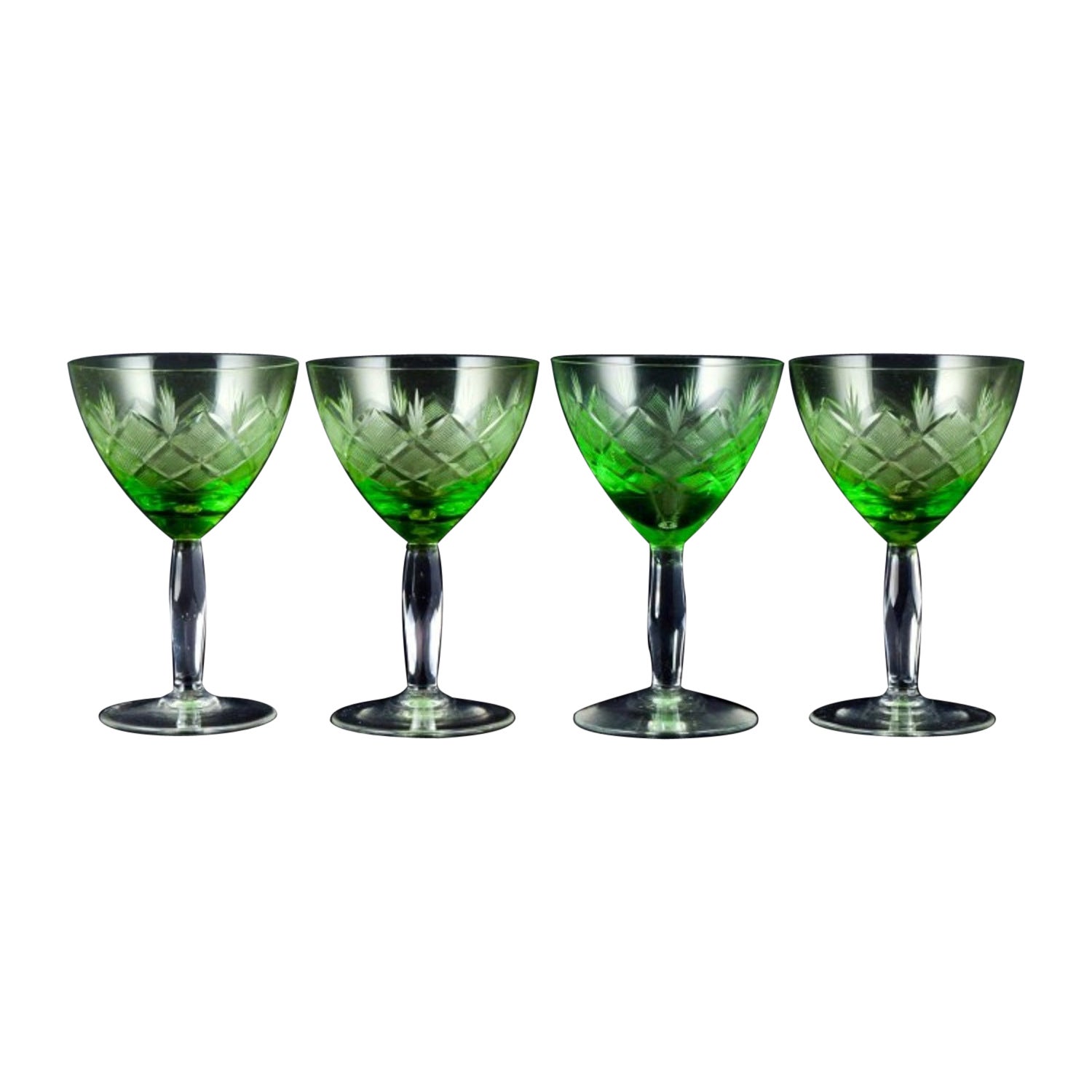 Four Green White Wine Glasses, "Wien Antik", Lyngby Glas, Denmark For Sale