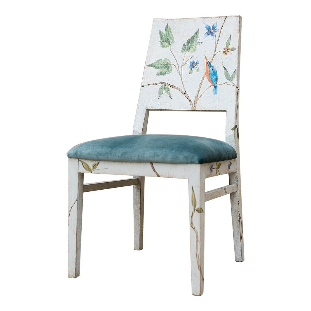 18th Century Hand Painted Venetian Azure Indigo Dining Chair with Foliage