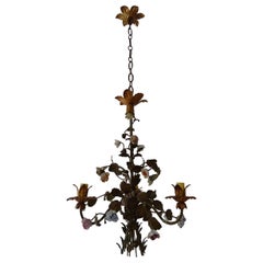 Italian Tole with Porcelain Flowers Polychrome Chandelier, circa 1870
