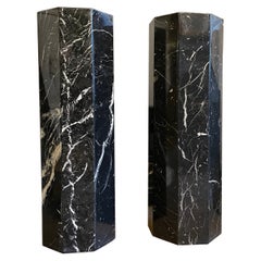 Pair of Octagonal Nero Marquina Marble Columns