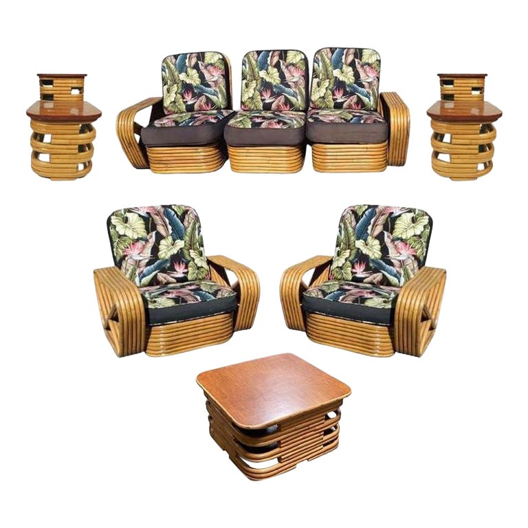 Restauriertes sechssträngiges, quadratisches, gestapeltes Rattan-Lounge-Sofa-Wohnzimmer-Set mit Brezel