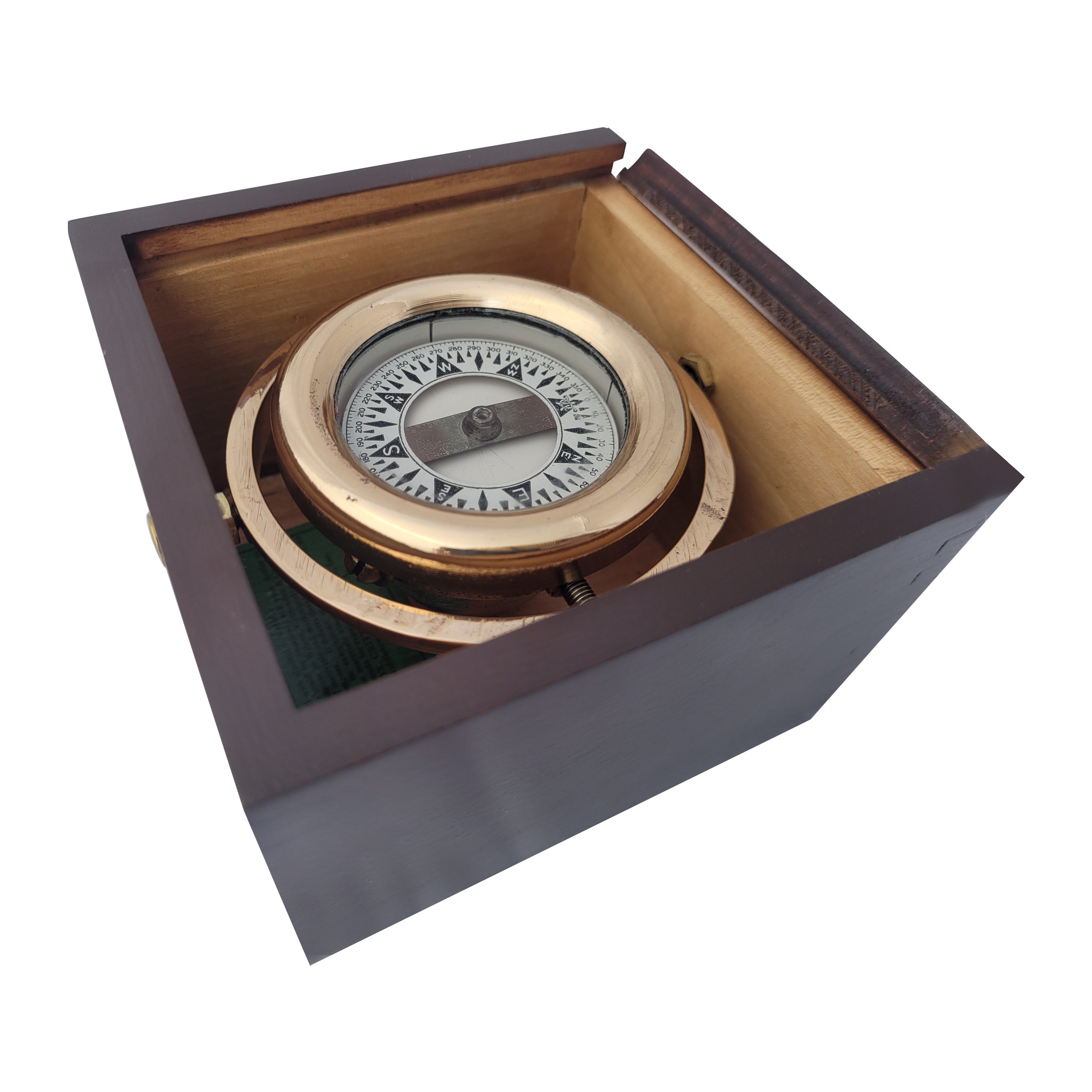 Brass Boat Compass in Varnished Wood Box