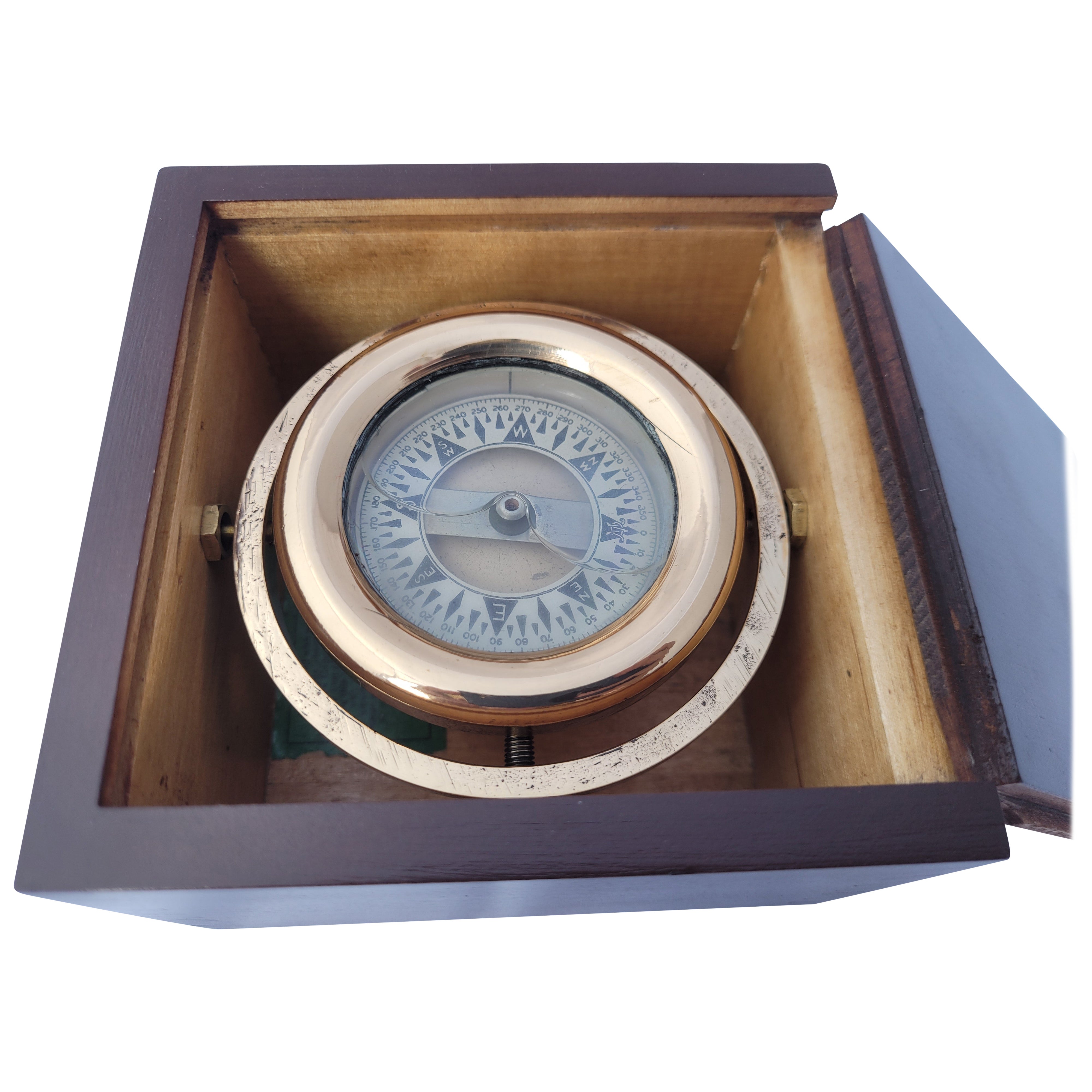 Brass Boat Compass in Varnished Wood Box