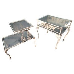 Pair of Cast Aluminum End Tables by Molla of Italy Obscure Glass Tops with Shelf