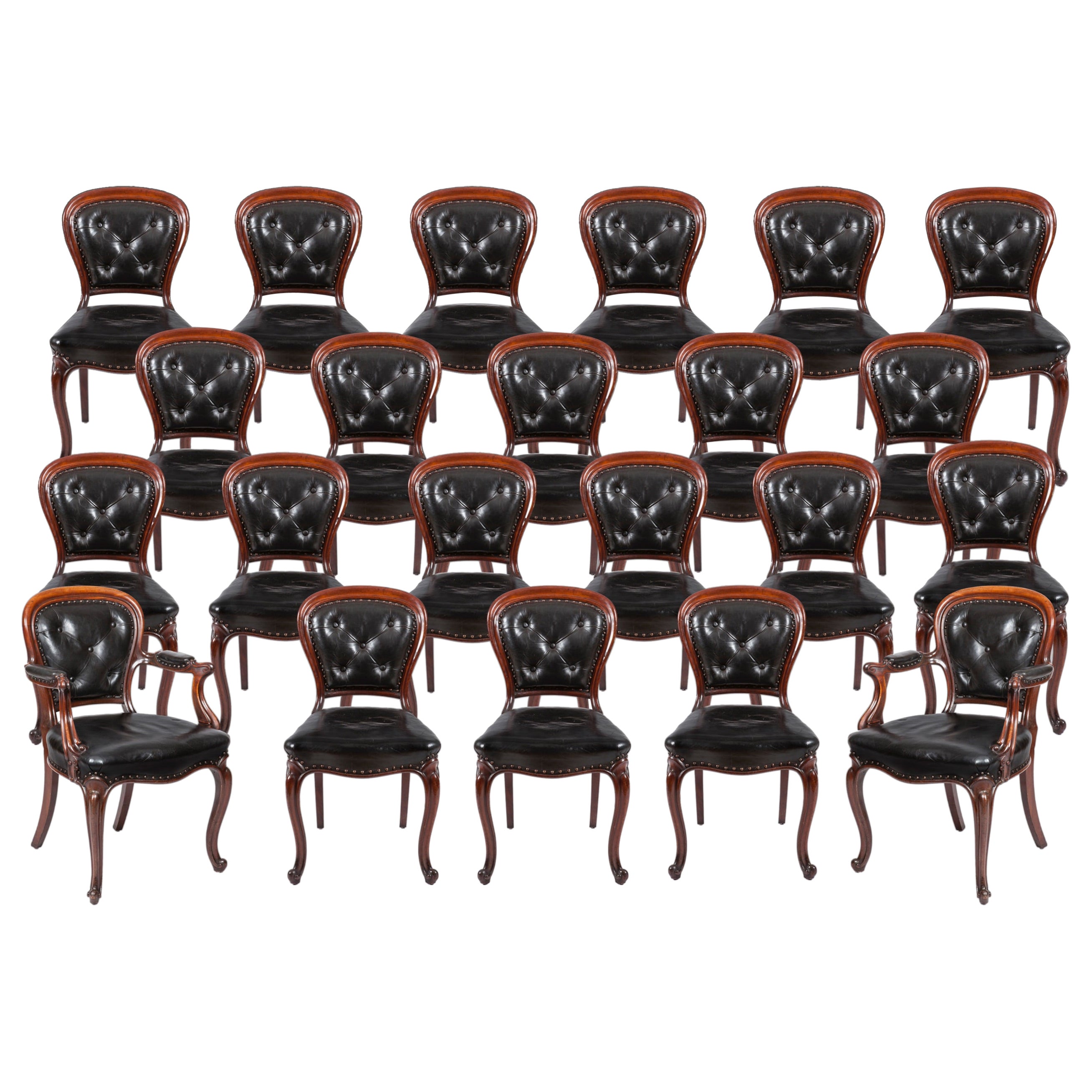 Rare Set of 22 Nineteenth Century Antique Dining Chairs with Leather Upholstery For Sale