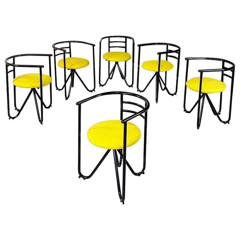 Italian modern set of six black metal and lemon yellow cotton chairs, 1980s For Sale