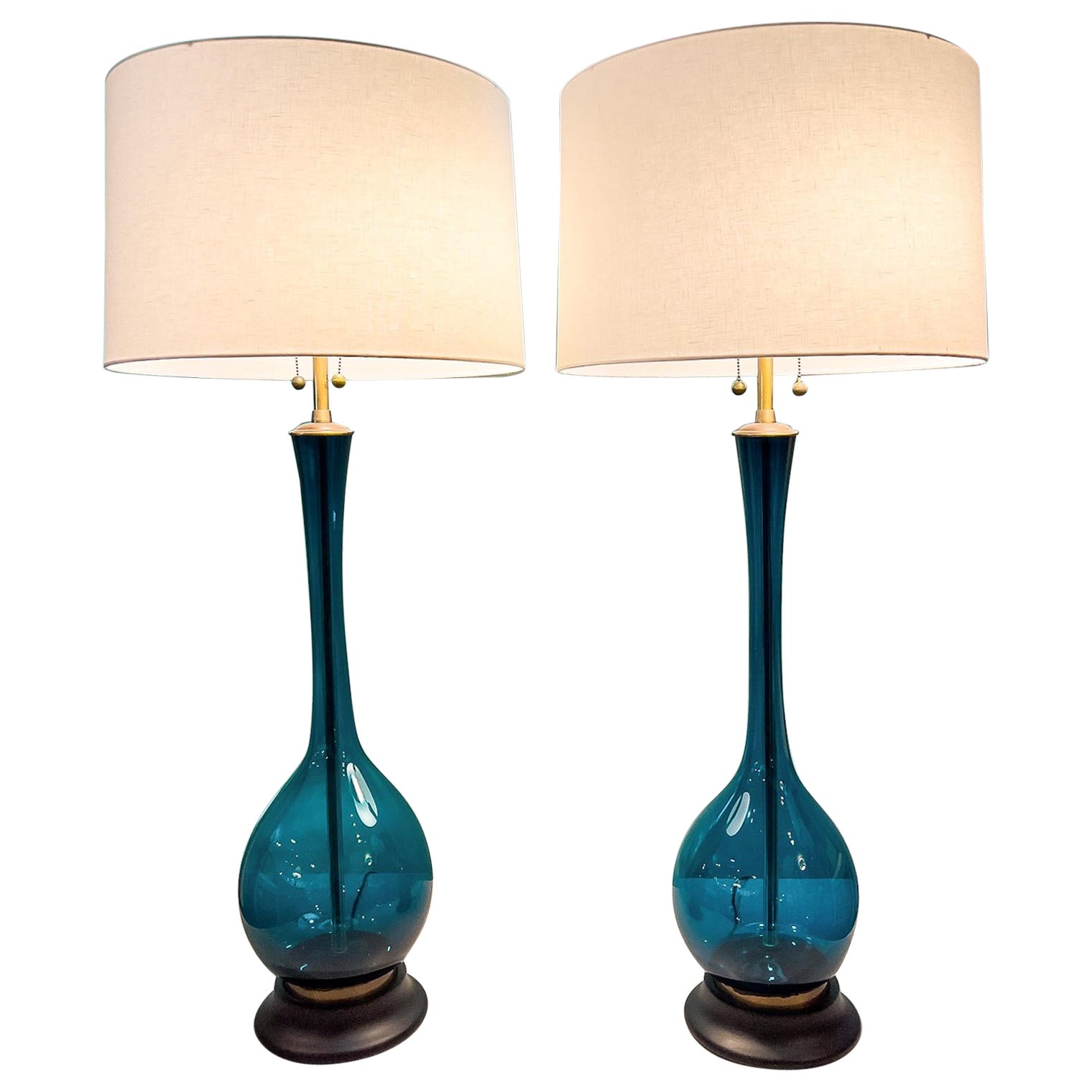 Pair of Blue Glass Lamps by Marbro For Sale