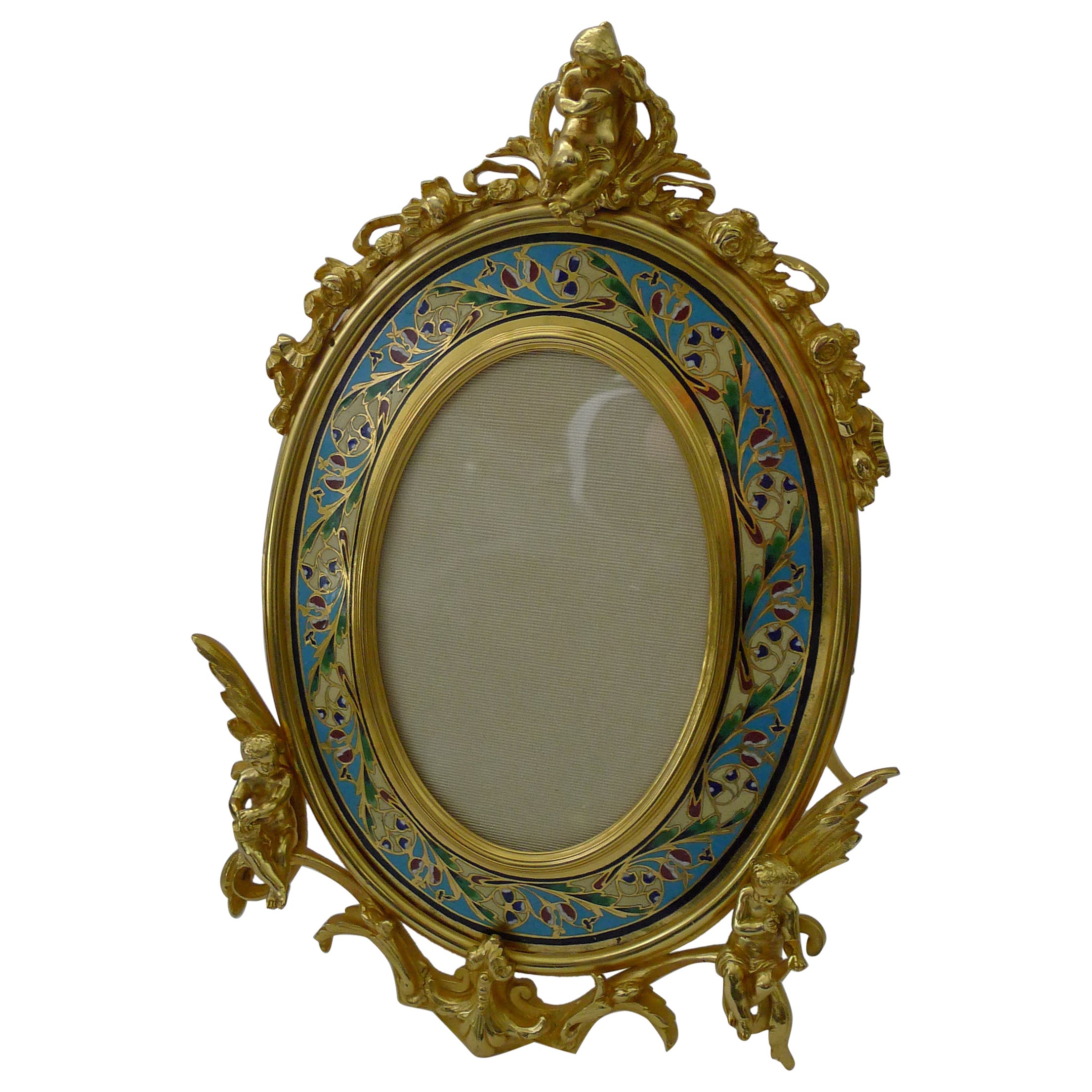 Fine Antique French Gilded Bronze and Champleve Enamel Photograph Frame, c1890 