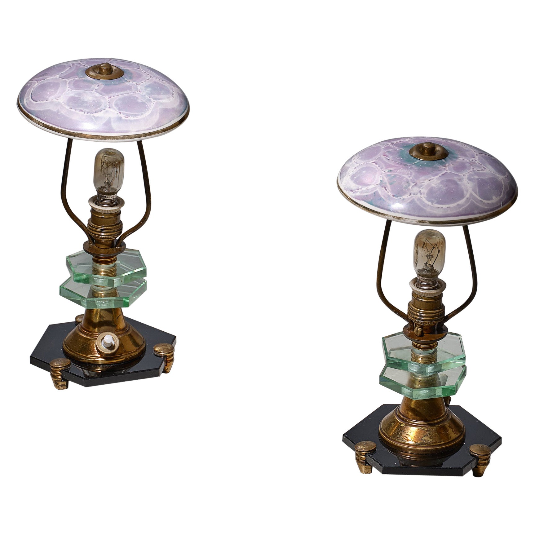 Pair of 1950s Italian Table Lamps - Brass, Black Glass Base, Ceramic Lampshades For Sale