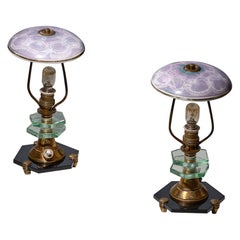 Pair of 1950s Italian Table Lamps - Brass, Black Glass Base, Ceramic Lampshades