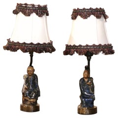 Antique Pair of 19th Century Terracotta Asian Figures Made into Table Lamps