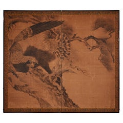 Japanese Two Panel Screen: Hawk Perched in Pine Tree
