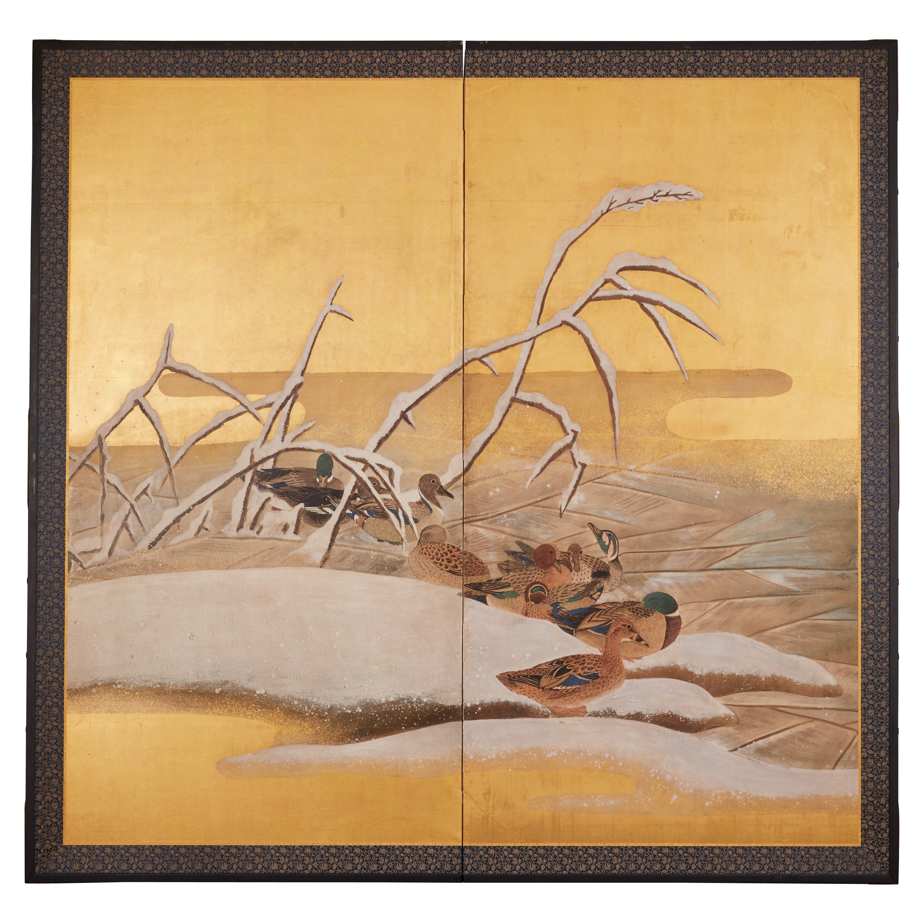 Japanischer Raumteiler mit zwei Tafeln: Mandarin-Enten im Winter