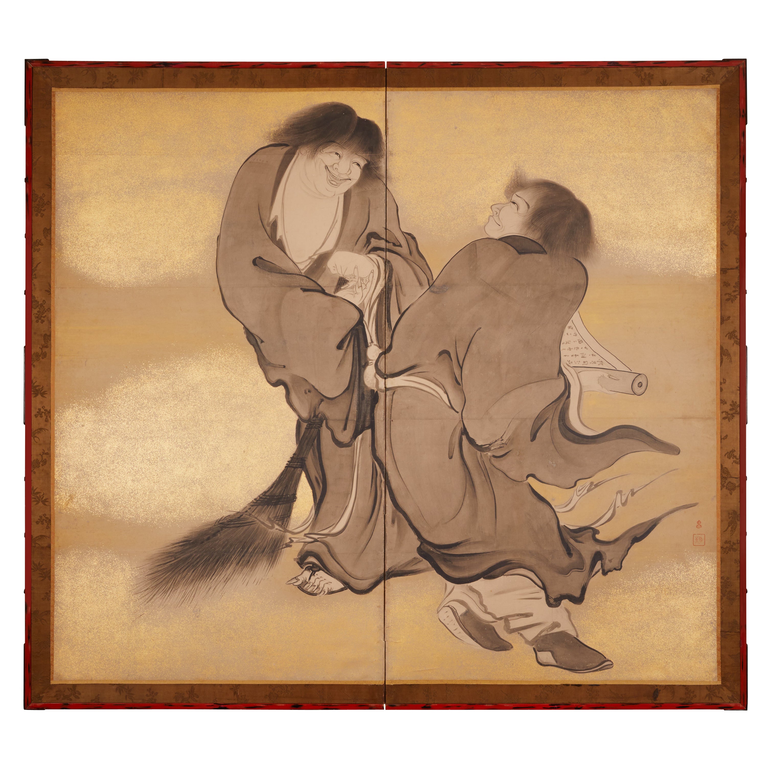 Japanese Two Panel Screen: Kanzan and Jittoku For Sale