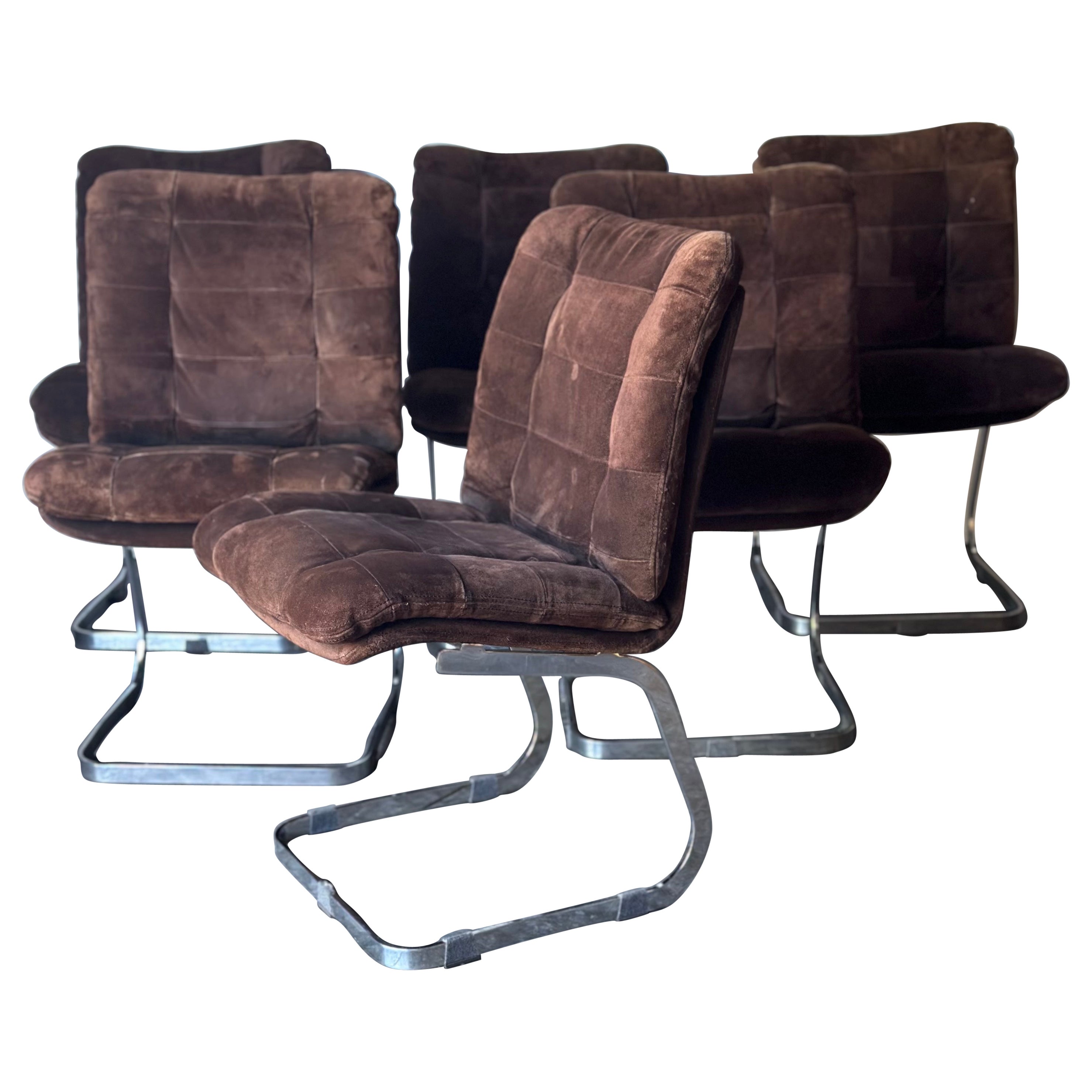 Set of 6 Suede and Chrome Roche Bobois Chairs, France c. 1970s