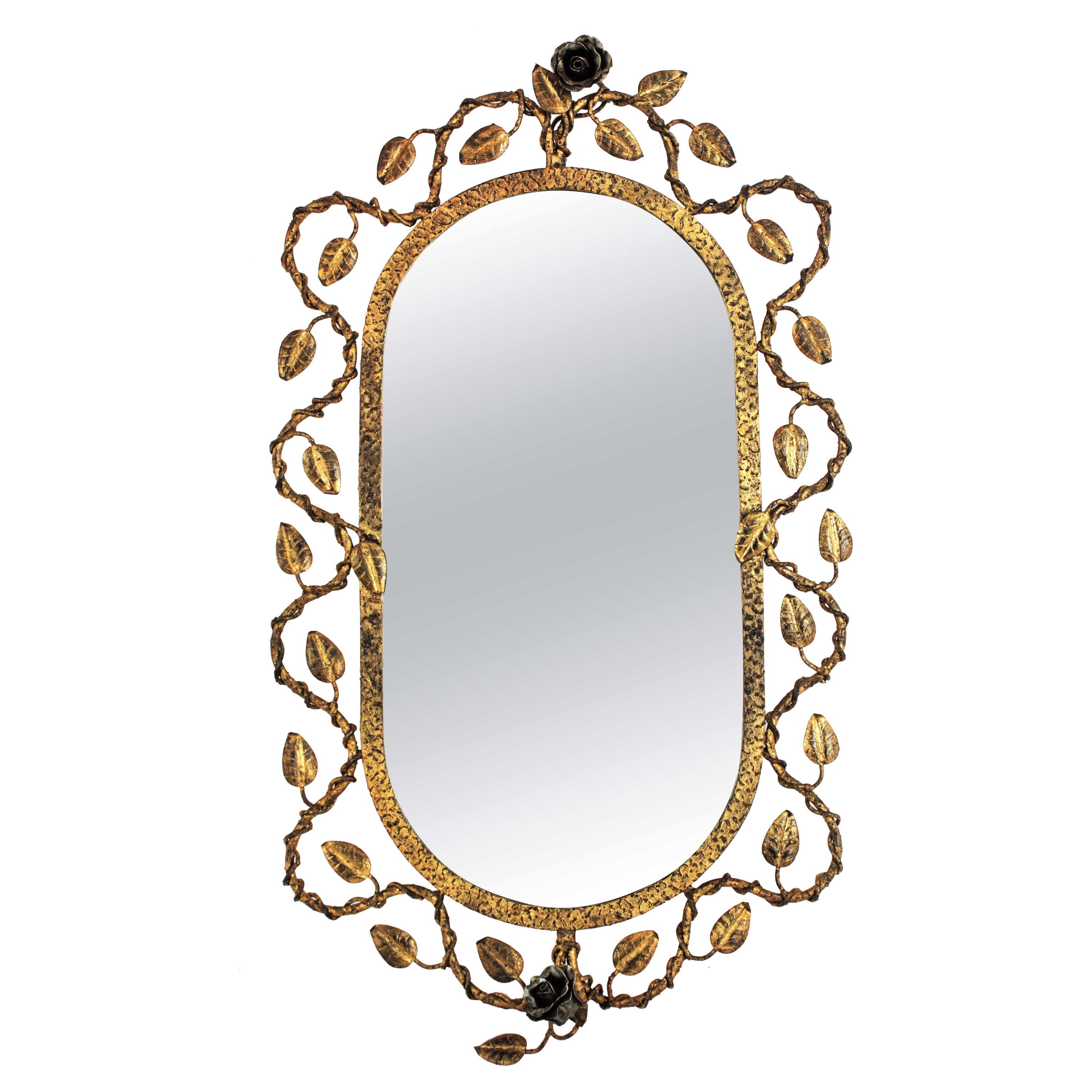 Oval Mirror in Gilt Iron with Foliage Floral Motifs