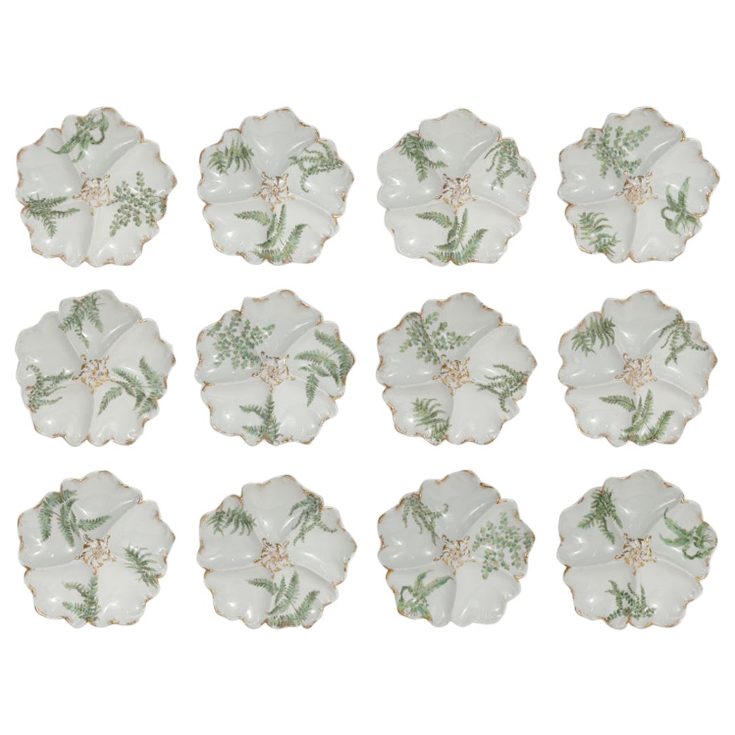 Set of 12 T&v Limoges Gilt Porcelain Oyster Plates with Green Transfer Ferns For Sale