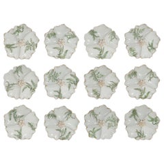 Set of 12 T&v Limoges Gilt Porcelain Oyster Plates with Green Transfer Ferns