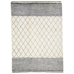 Contemporary Ivory Moroccan Style Wool Rug with Gray Tribal Pattern