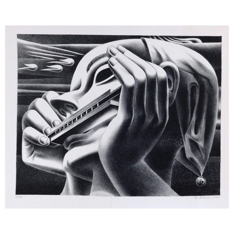 Emilio Amero Original Lithograph, 1950, Harmonica Blues For Sale at 1stDibs