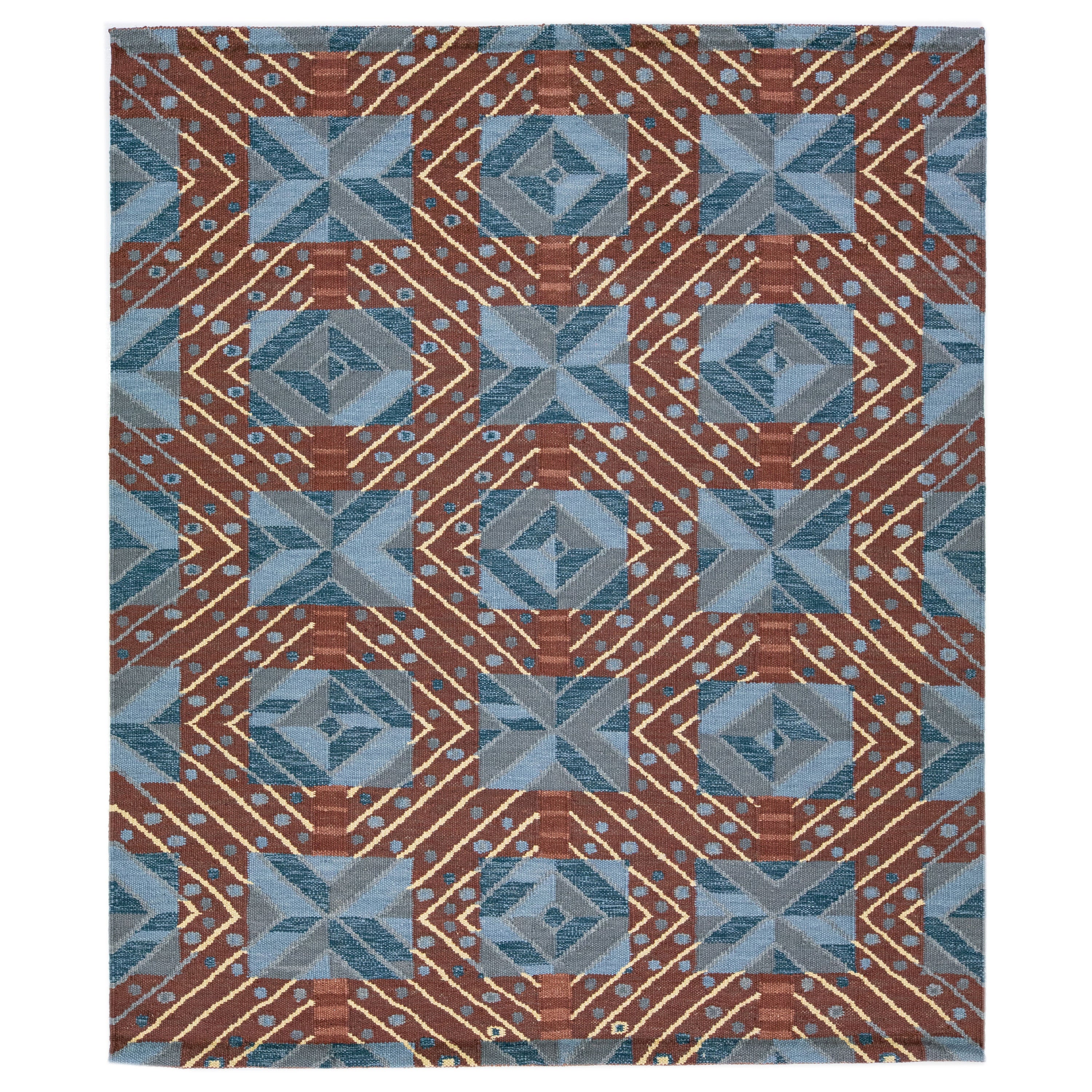 Blauer handgefertigter Wollteppich im schwedischen Stil mit geometrischem Design